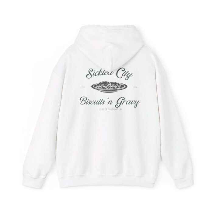 Back view of the Sickled City Biscuits 'N Gravy adult hoodie from Ballet Trauma Club, featuring bold graphic print.