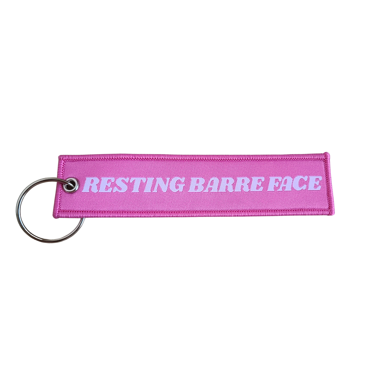 RBF Woven keychain in pink with words reading "Resting Barre Face"