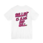 hot pink text on white tee