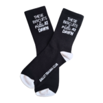 Black socks with These Biscuits Ride At Dawn text for Ballet Trauma Club