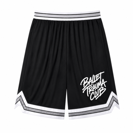 Black basketballet shorts with Ballet Trauma Club white text design on lower front leg pant.
