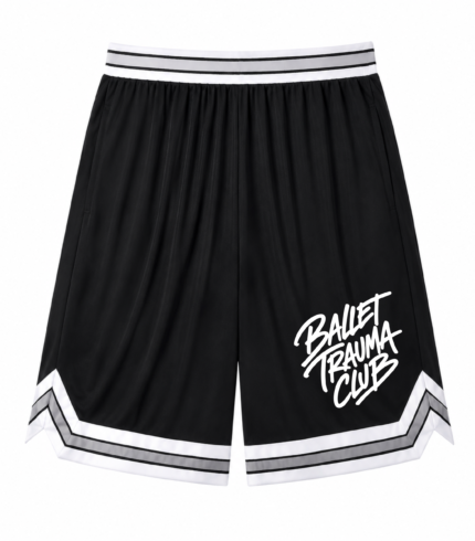 Black basketballet shorts with Ballet Trauma Club white text design on lower front leg pant.